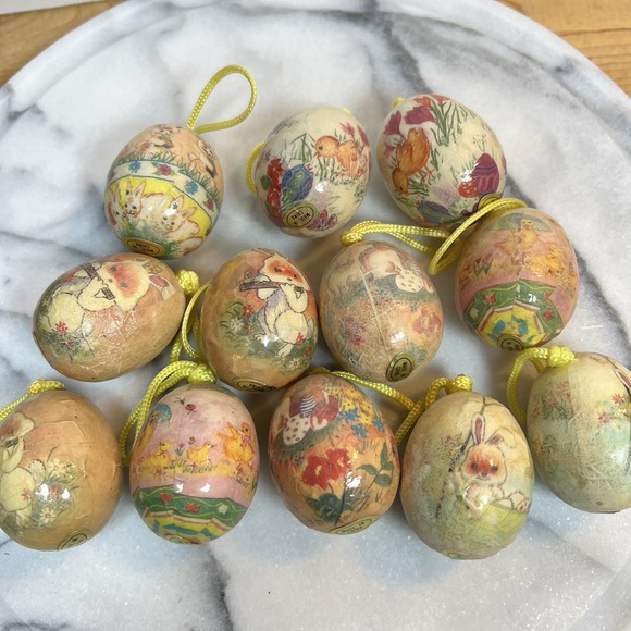 Vintage Decoupage Easter Egg Bunny Chick Ornaments 12pc Beautiful Pastel Eggs 🐇 - Picture 2 of 7